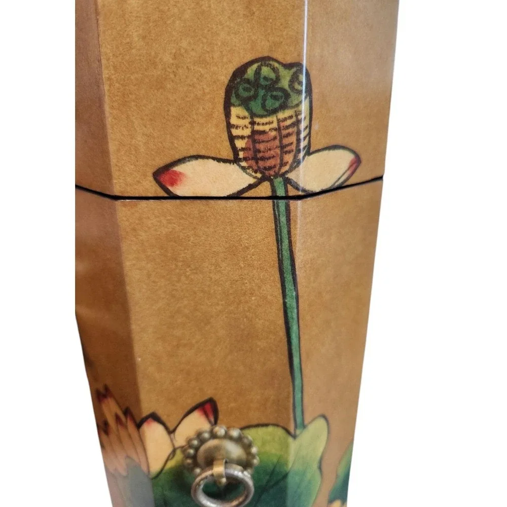 Asian Wood Tower Oriental Box Brass Fish w/ Key MCM Vintage Handpainted Flowers‎